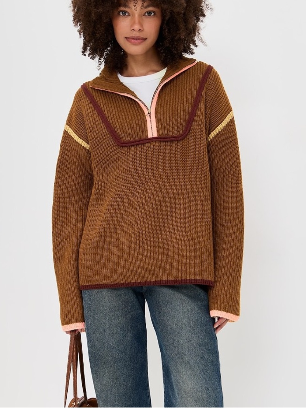 New english factory contrast piping quarter zip sweater in mocha multi size Med